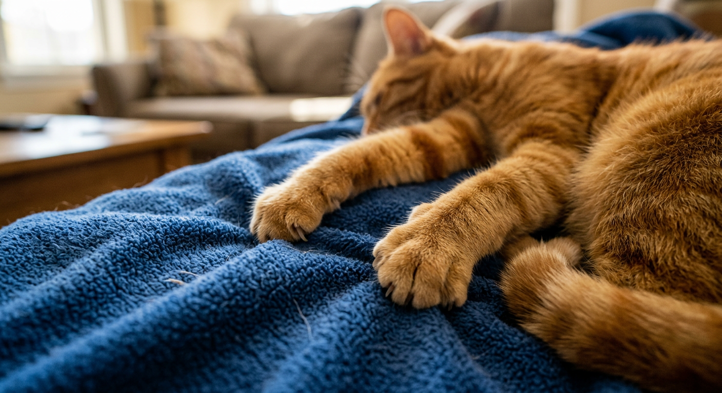 A fluffy ginger tabby cat kneading a soft blue fleece blanket on a cozy sofa.