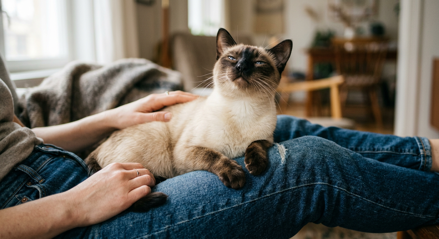 A Siamese cat kneading its owner's lap while looking up with contented eyes.