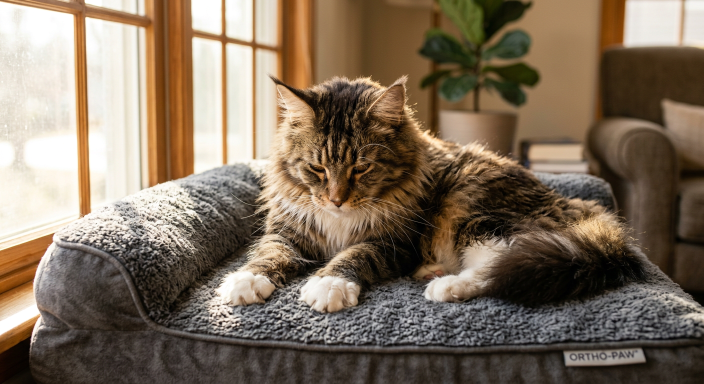 A large Maine Coon cat kneading a plush pet bed near a sunny window.
