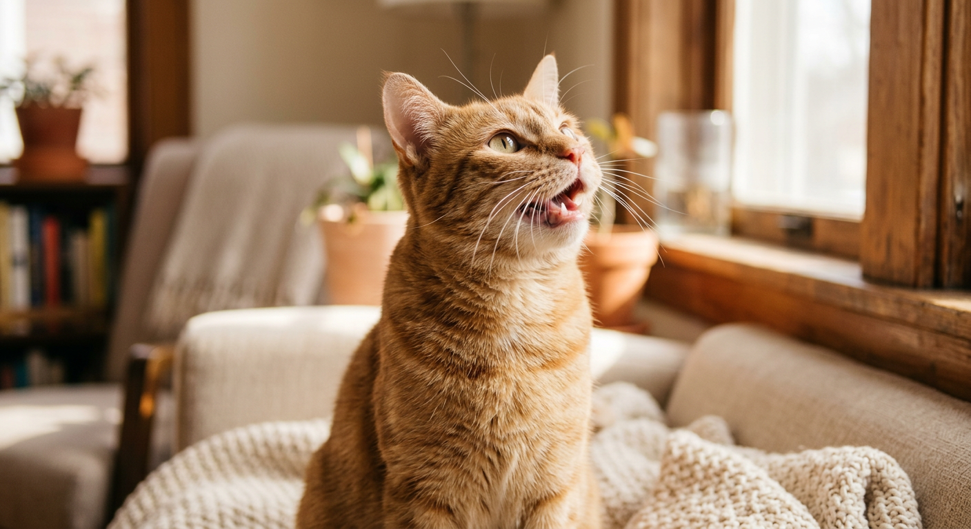 A ginger tabby cat looking up with its mouth open as if meowing to its owner in a bright room.