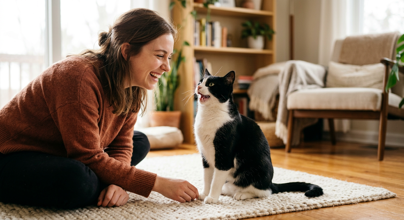 A woman sitting on a sofa looking at her tuxedo cat which is sitting on the floor meowing.