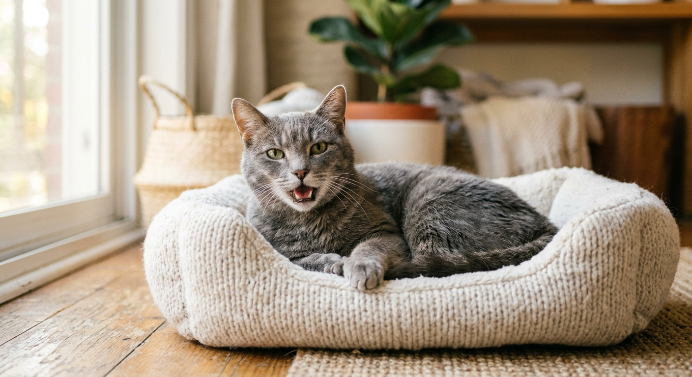 A senior grey cat sitting on a plush bed looking calm while letting out a soft meow.