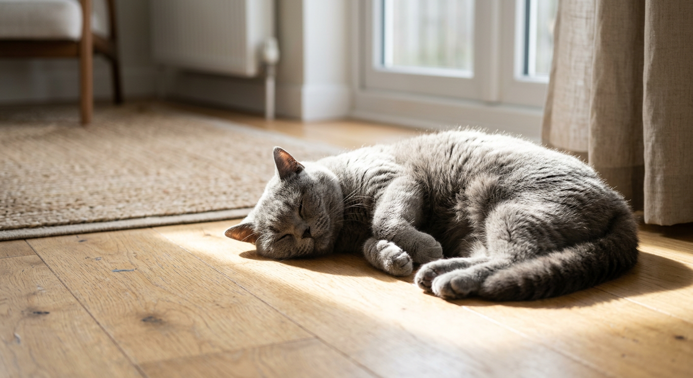 A fluffy British Shorthair cat curled up in a tight ball sleeping in a warm sunbeam on a wooden floor.