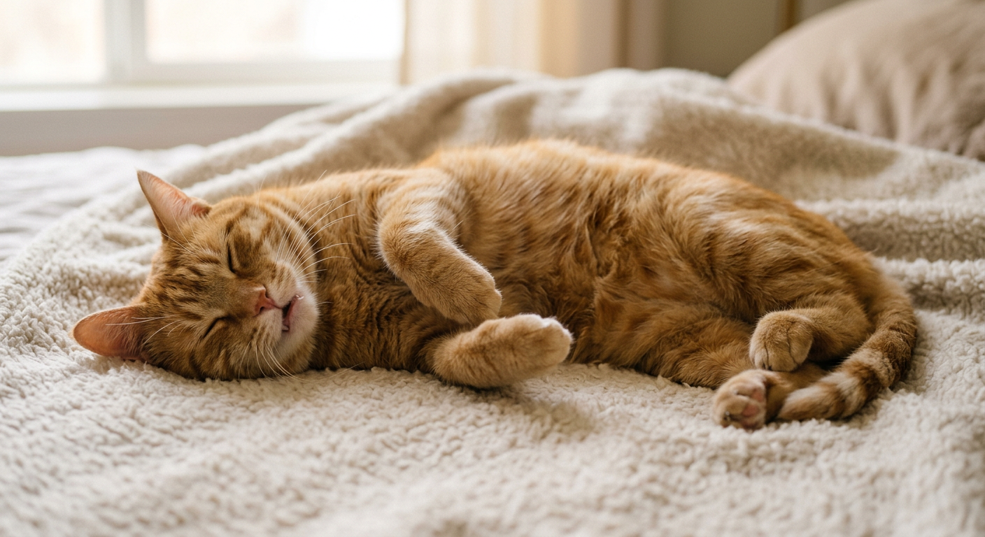 A ginger tabby cat lying on its back sleeping deeply with its paws twitching.