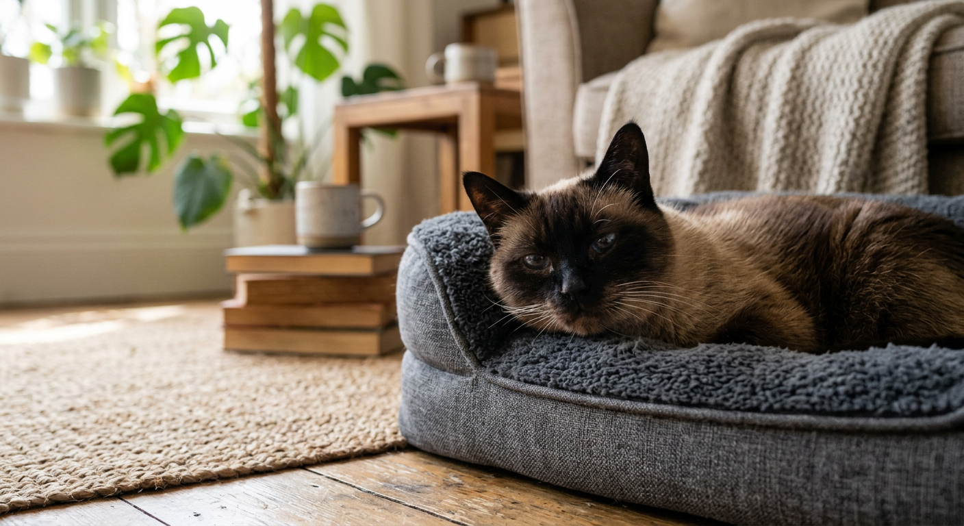 An older Siamese cat resting comfortably on a high-quality orthopedic cat bed.