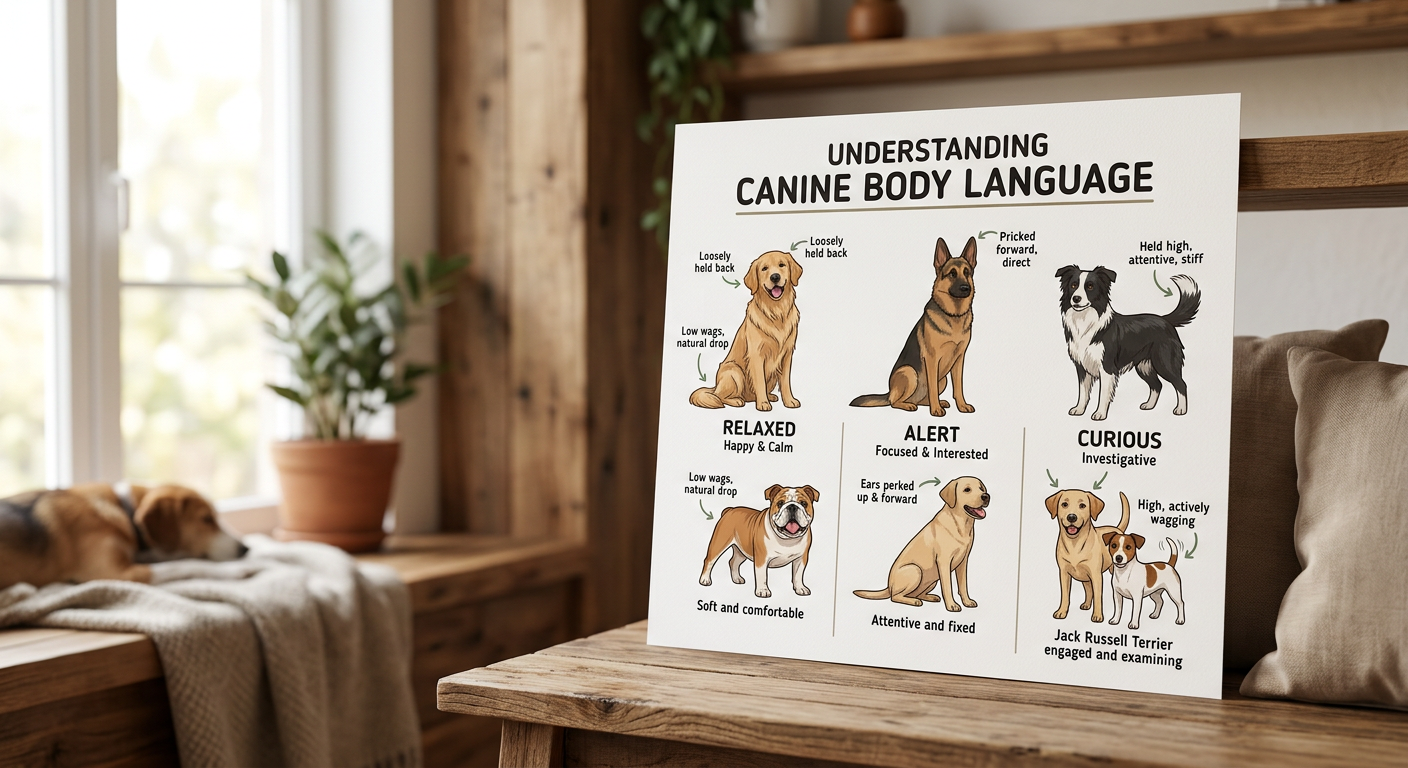 A collection of dog illustrations showing different body postures, ear positions, and tail heights for communication.