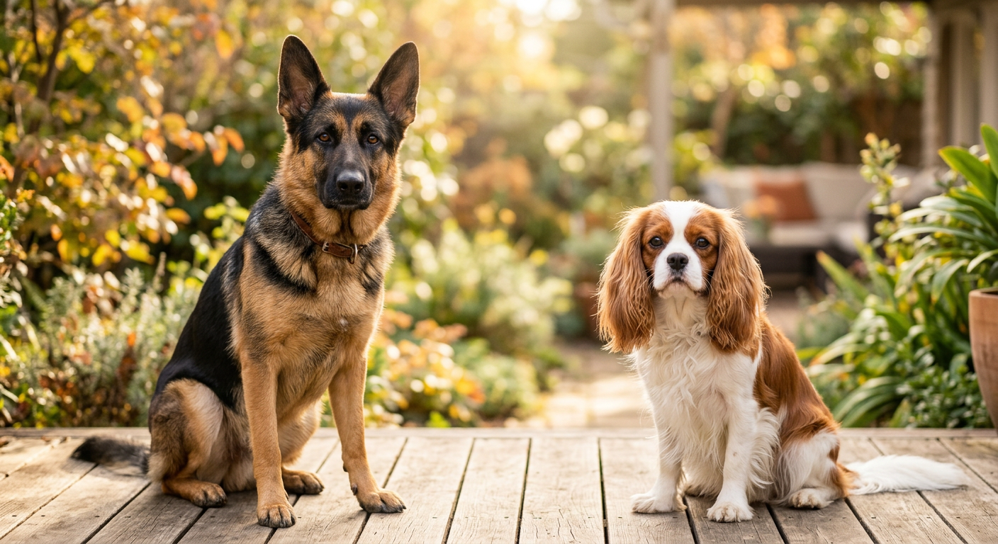 Close up of two different dog breeds showing alert and relaxed ear positions.
