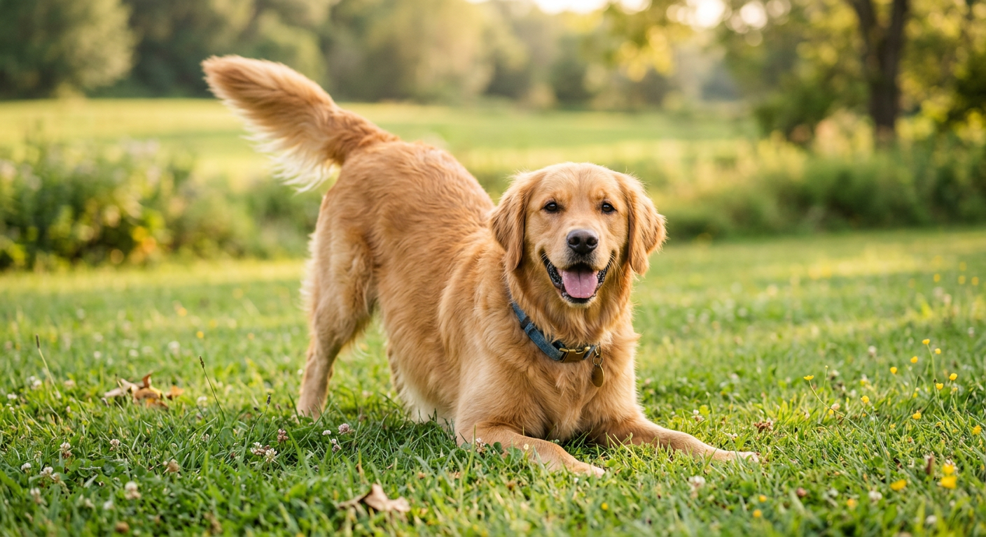 A happy Golden Retriever performing a classic play bow on a green lawn.