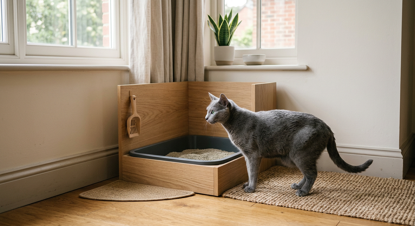 A sleek Russian Blue cat sitting calmly next to a clean, modern litter box in a quiet room.