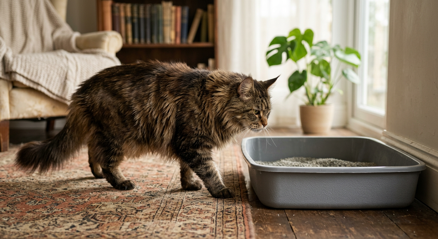 An older Maine Coon cat easily stepping into a low-entry litter box designed for senior pets.