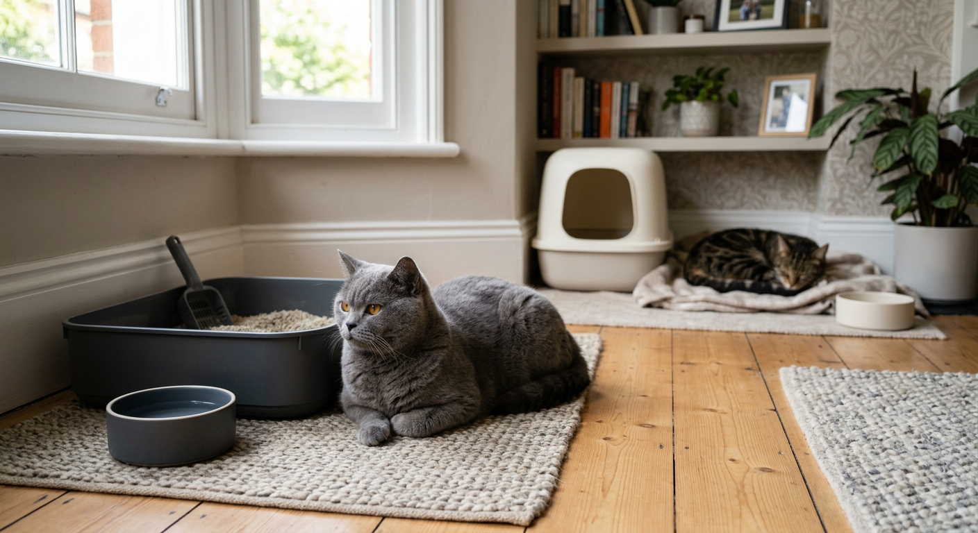 A group of various cat breeds in a home environment with multiple well-spaced litter boxes.