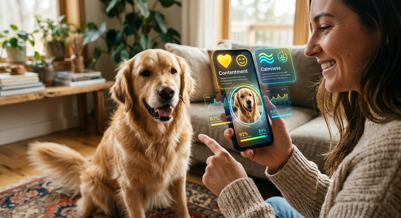A digital interface overlaying a Golden Retriever, showing heart rate and emotional state indicators in a warm home environment.