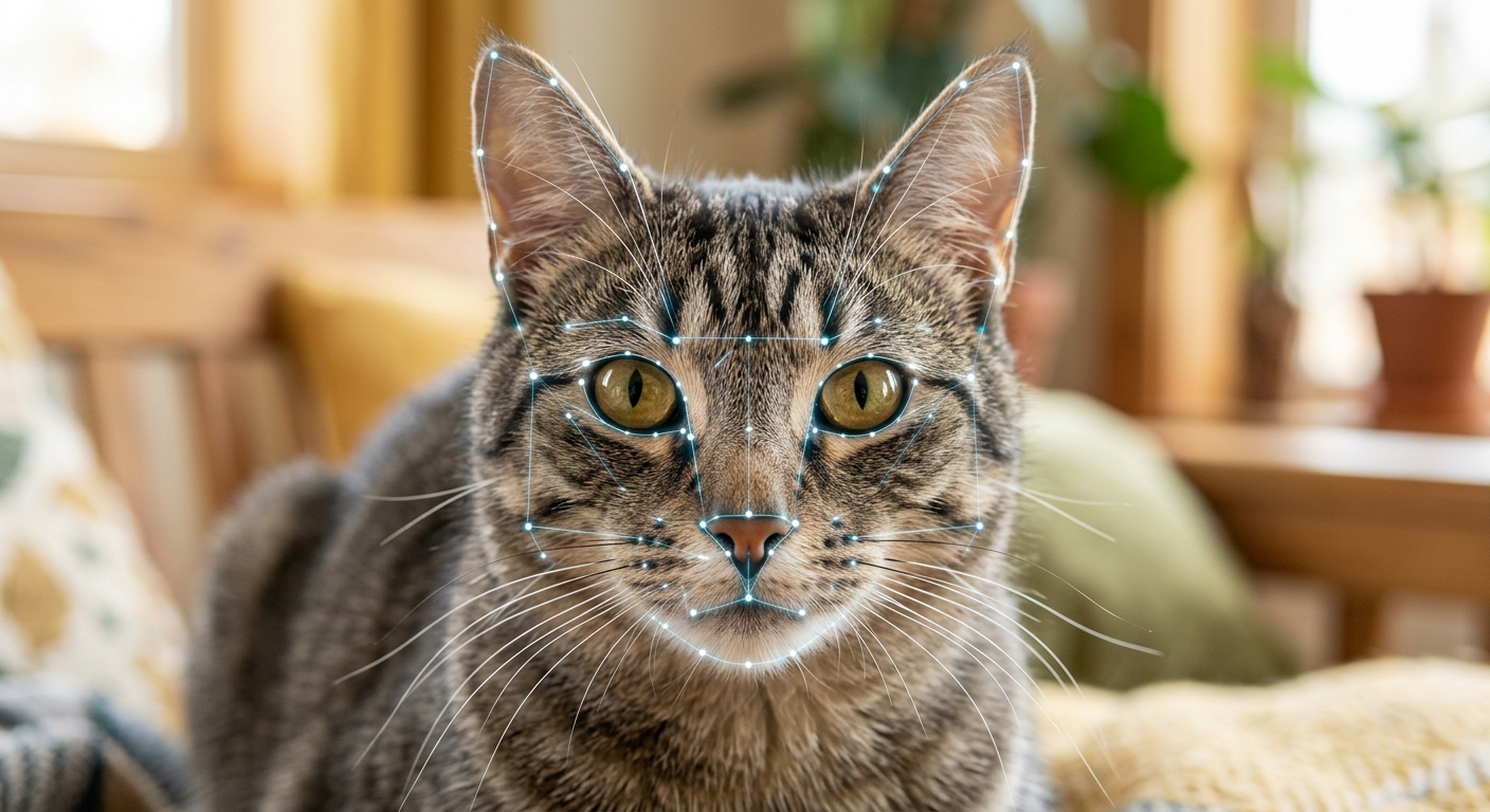Close up of a cat's face with digital grid lines tracking ear and eye movements for emotional analysis.