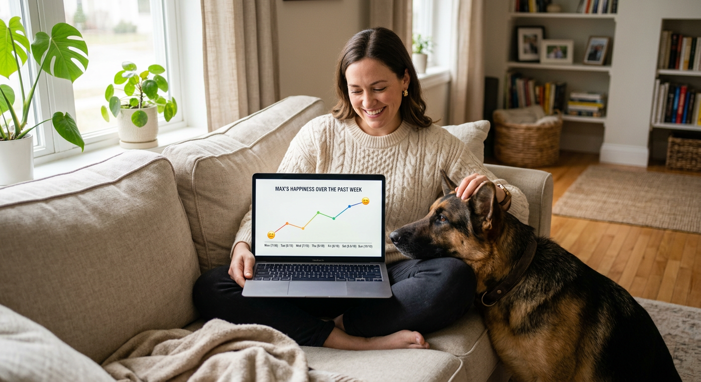 A woman sitting on a sofa with her dog, looking at an AI emotion report on her laptop.