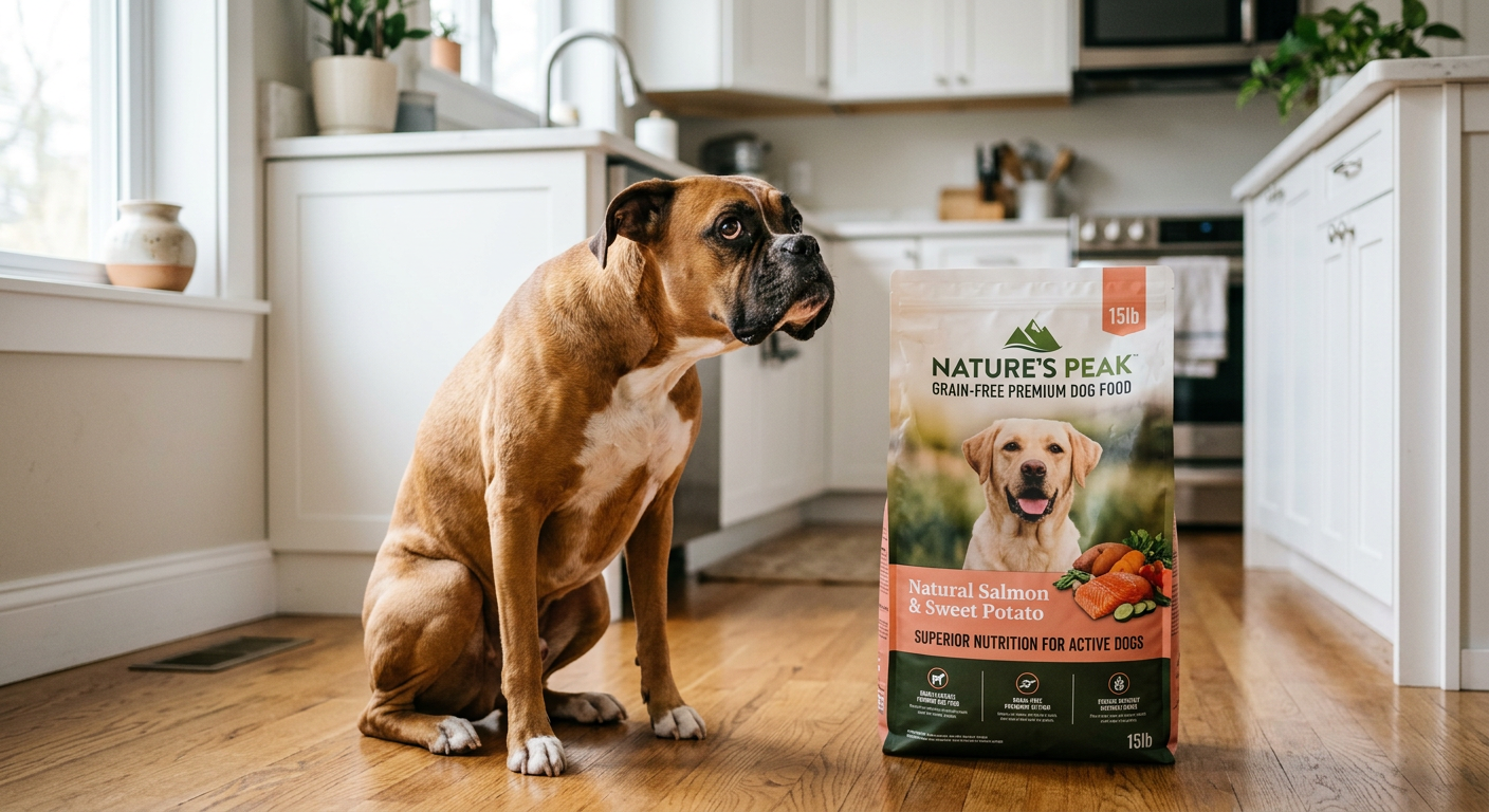 A close-up of a Boxer dog sitting next to a colorful bag of dog food in a modern kitchen.