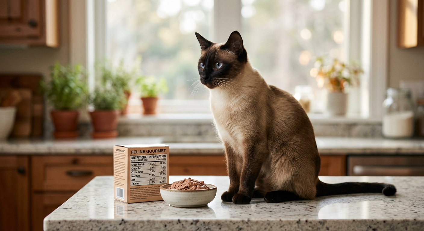 A Siamese cat sitting on a countertop next to a bowl of wet food and a nutrition label.