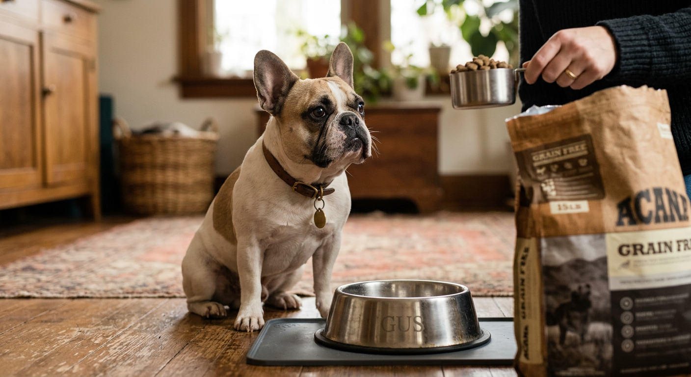 A French Bulldog waiting patiently by a silver bowl with a bag of food nearby.