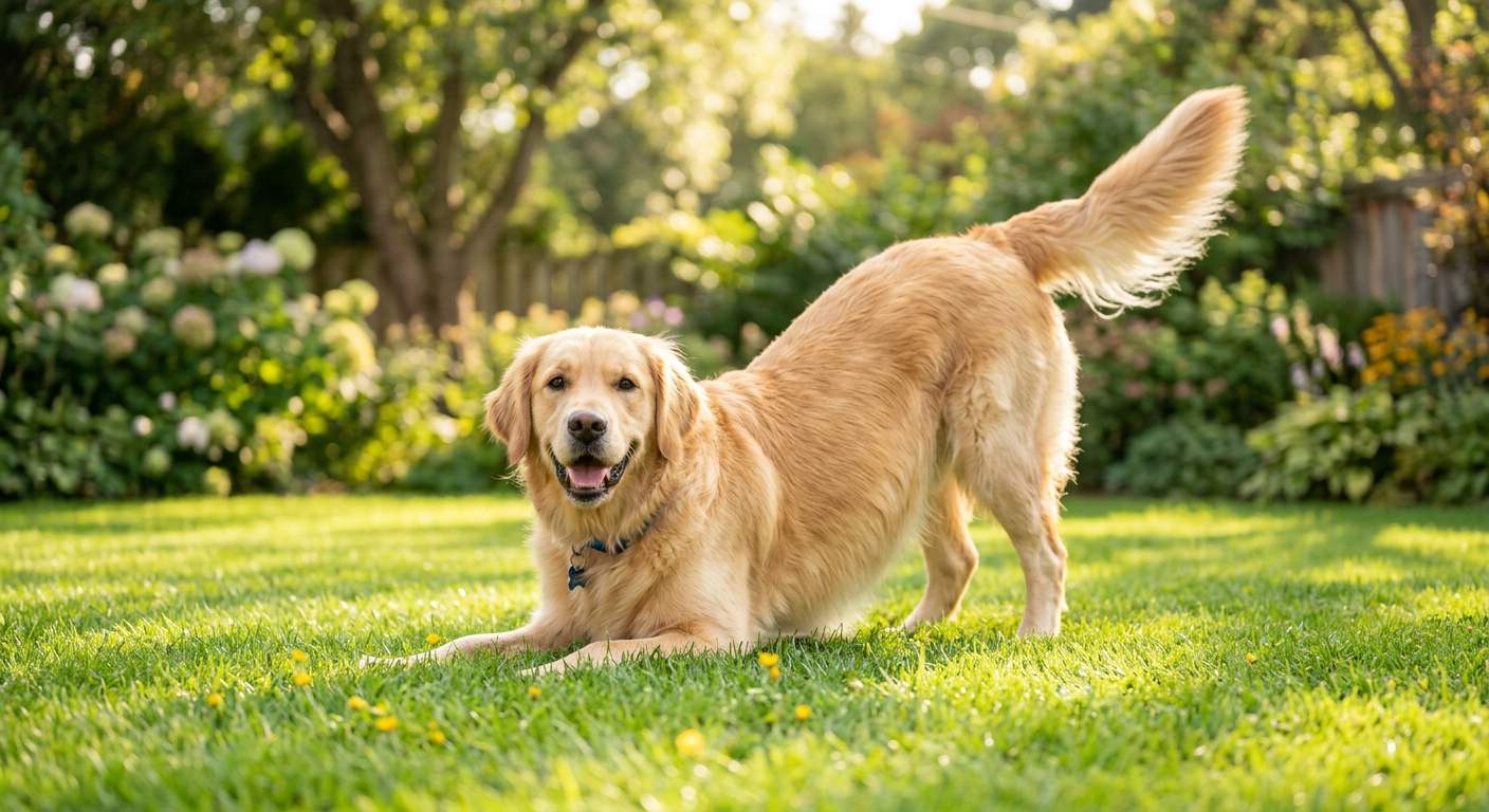 A happy Border Collie performing a classic play bow on green grass with its rear end up.