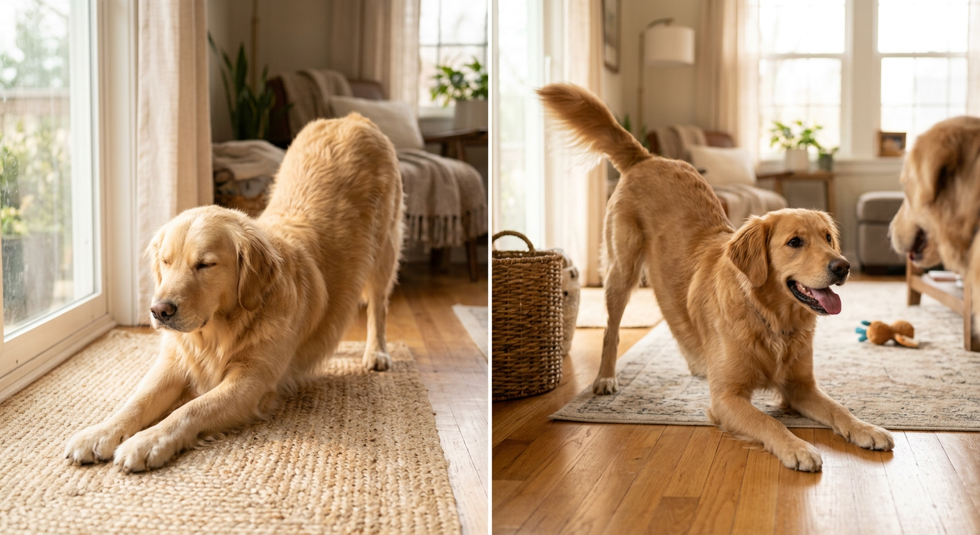 A collage showing a dog stretching versus a dog performing a play bow for comparison.