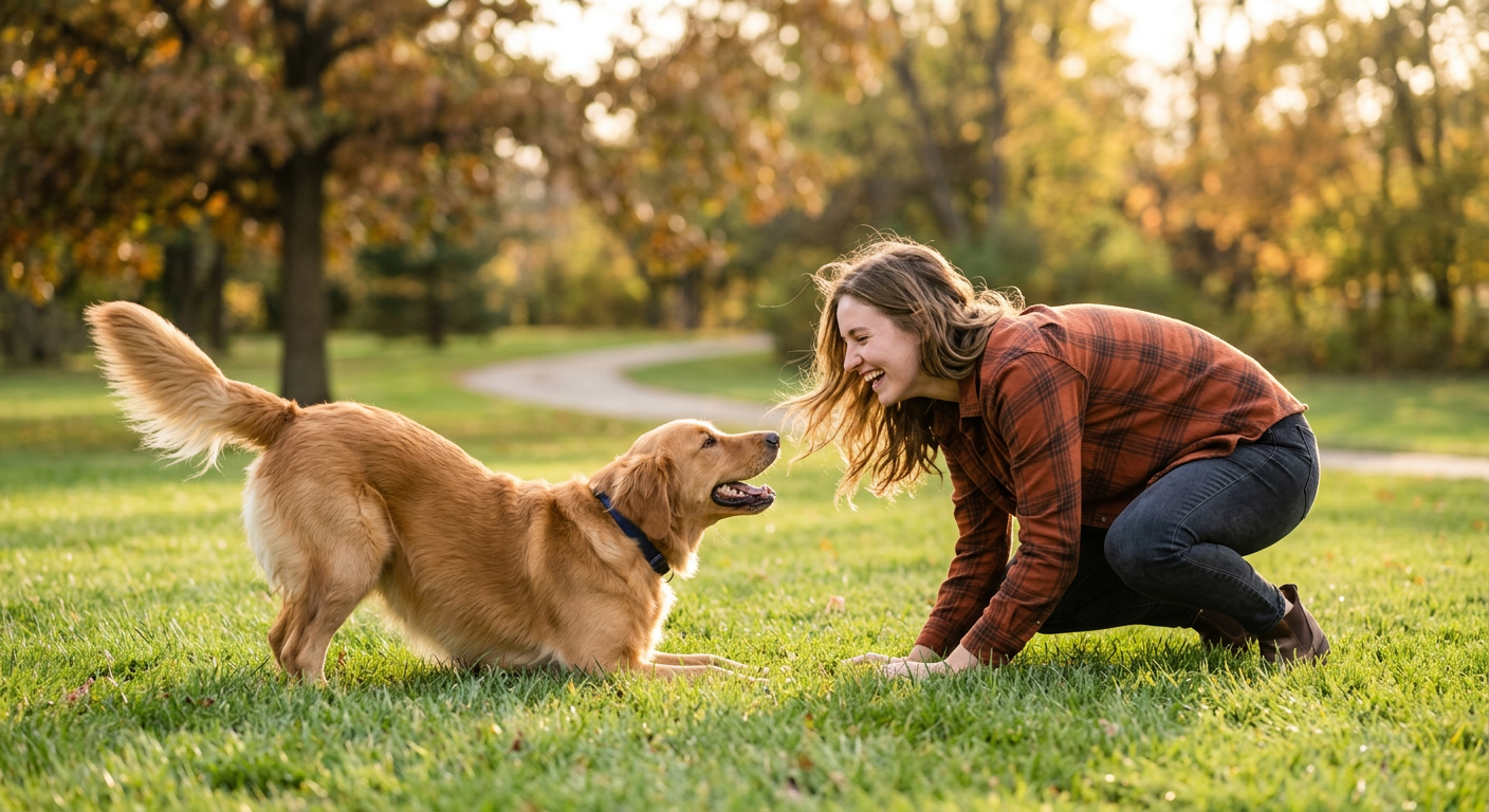 A pet owner crouching down to mimic a play bow with their joyful Golden Retriever.