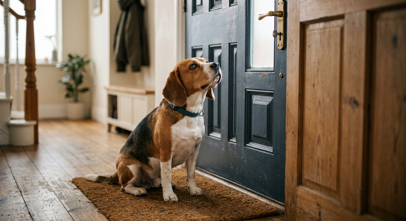 A worried Beagle sitting by a wooden front door looking lonely and waiting for its owner.