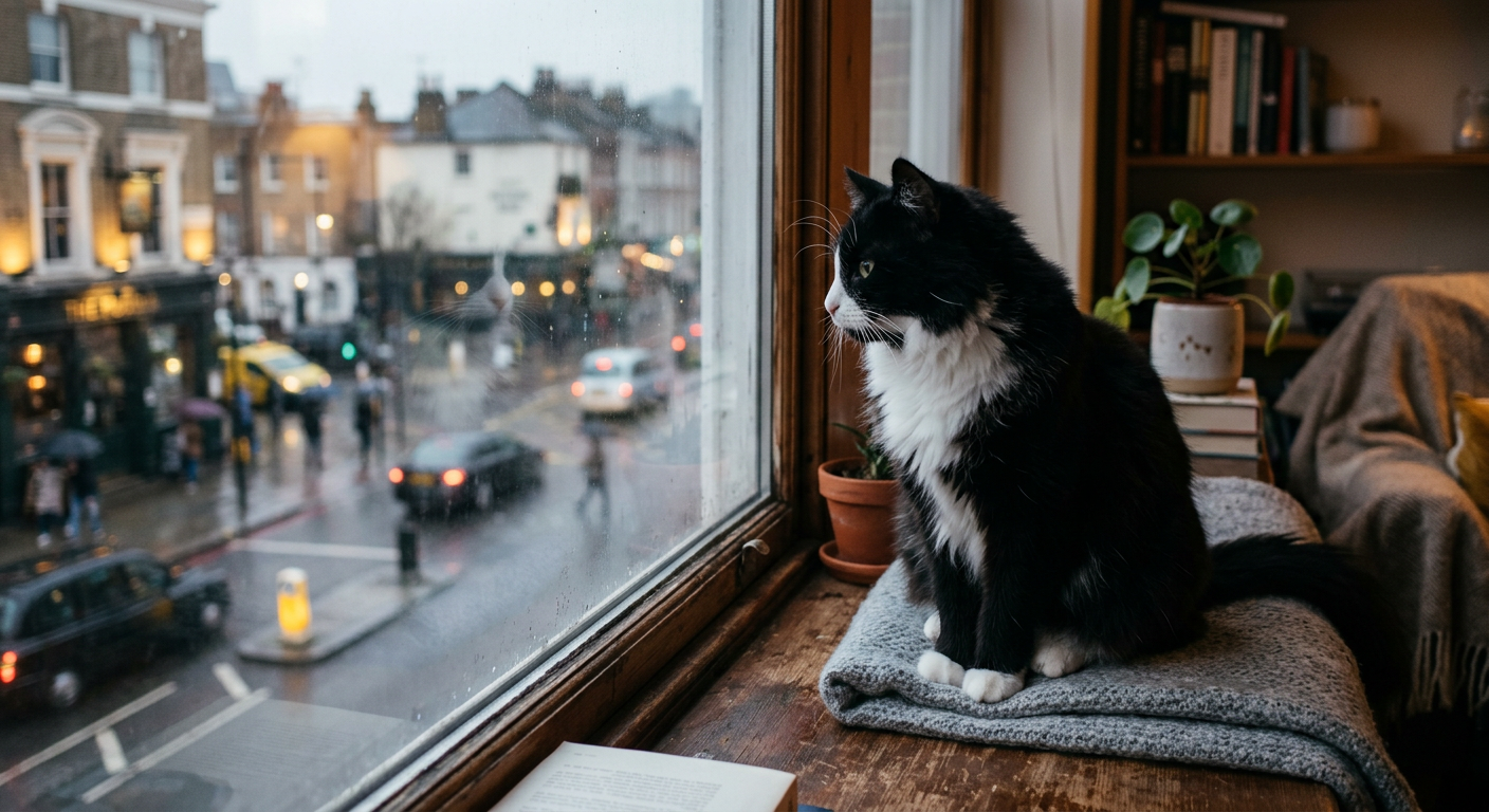 A Siamese cat looking out a window with a sad expression while home alone.
