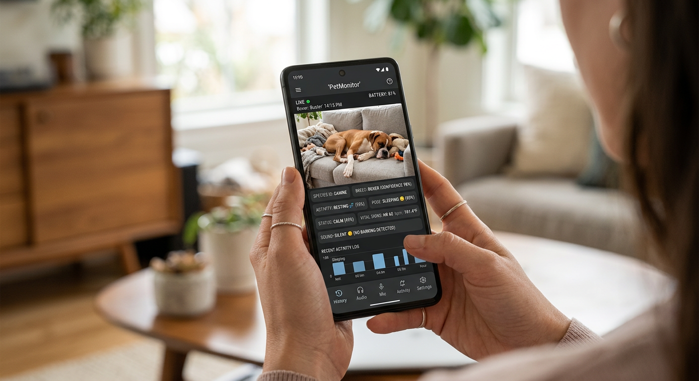 A person using a smartphone app to check a camera feed of their calm dog at home.