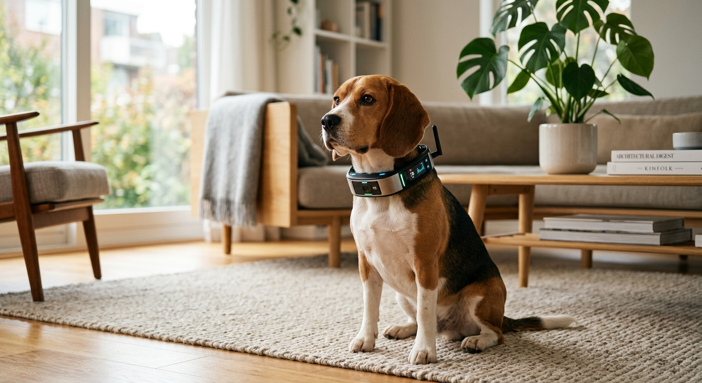 A sleek Beagle wearing a smart collar with a glowing blue LED status light in a modern living room.