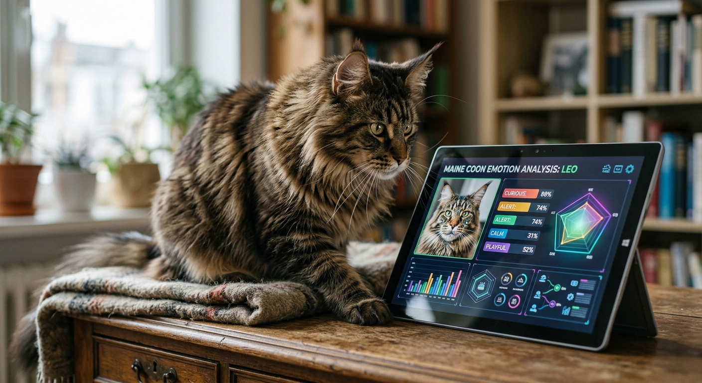 A fluffy Maine Coon cat looking at a tablet screen displaying colorful AI-generated mood analysis charts.
