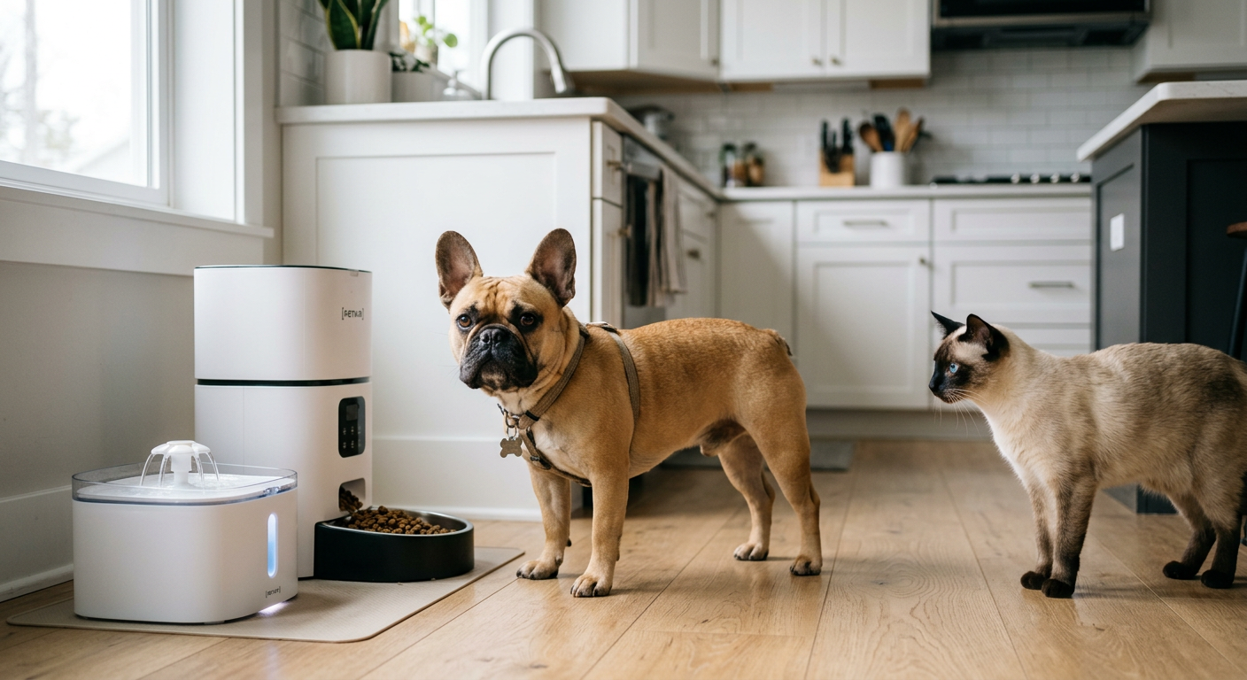A French Bulldog and a Siamese cat interacting near an automated smart pet feeder in a clean kitchen.