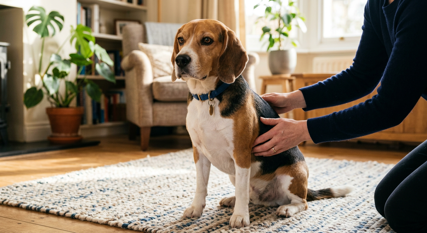 A person gently feeling the ribs of a Beagle to check its body condition score indoors.