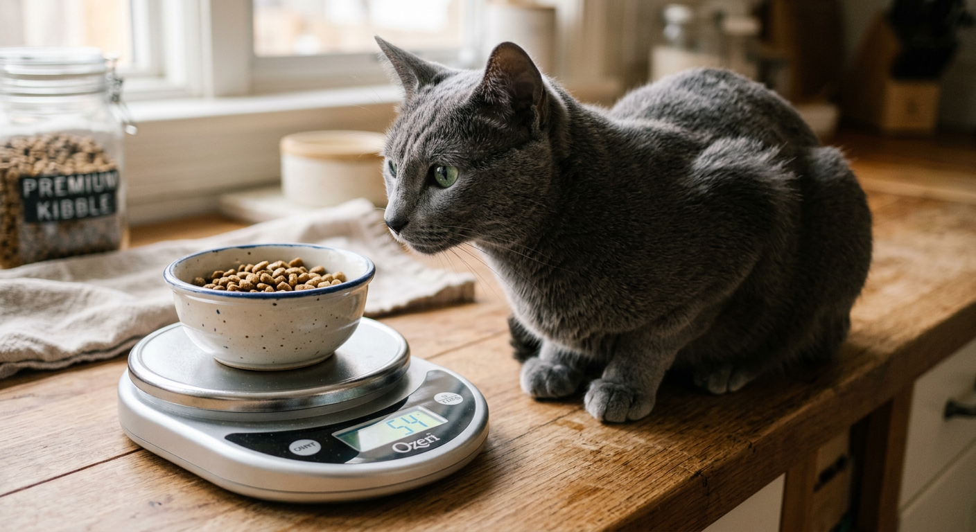 A precise digital scale weighing a bowl of colorful dry cat food on a kitchen counter.