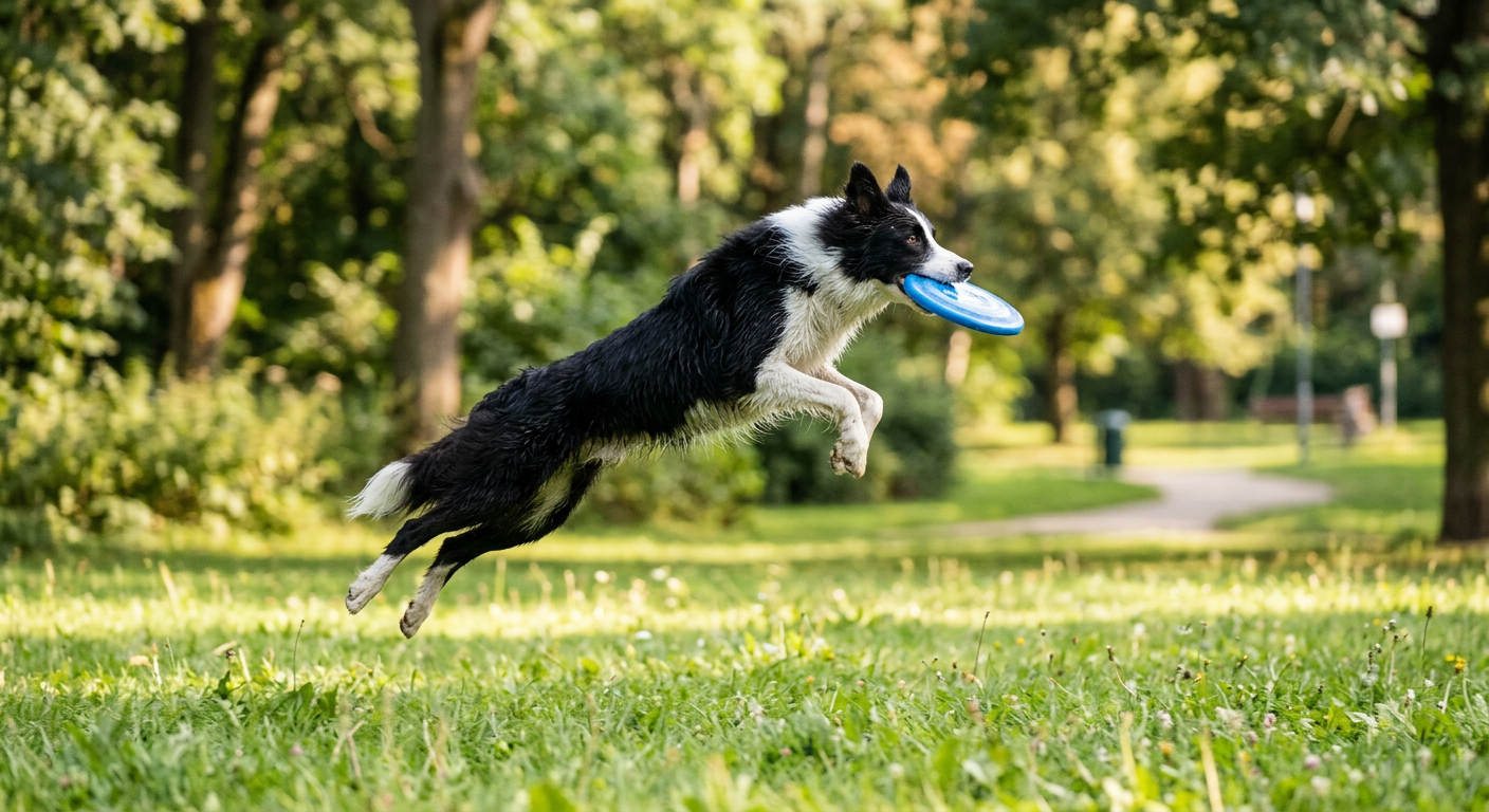 An active Border Collie jumping to catch a disc in a green park during a workout.