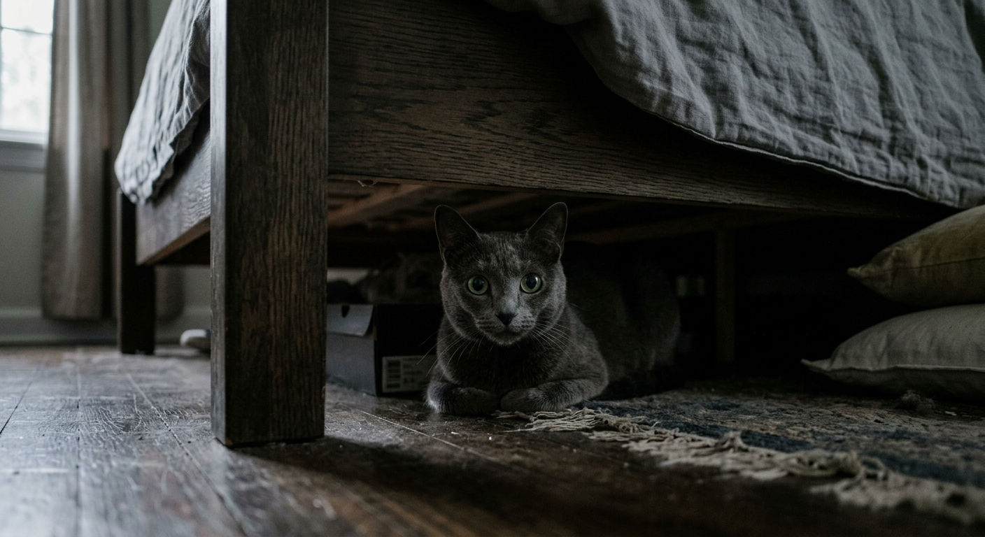 A Russian Blue cat hiding under a dark bed looking out with large eyes.