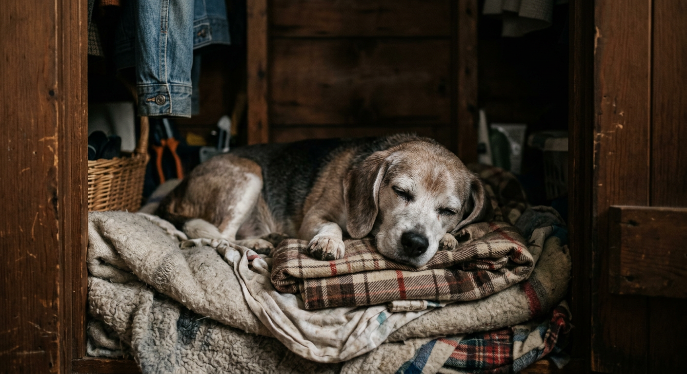 A senior Beagle dog resting quietly at the bottom of a dark bedroom closet.