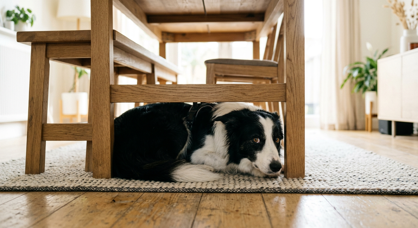 A Border Collie dog hiding underneath a wooden dining table in a brightly lit room.