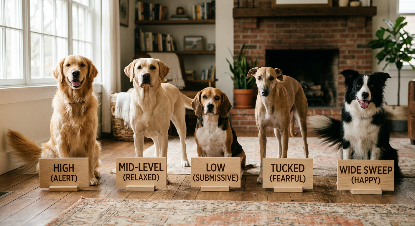 A colorful diagram showing different dog tail positions and their corresponding emotional meanings.