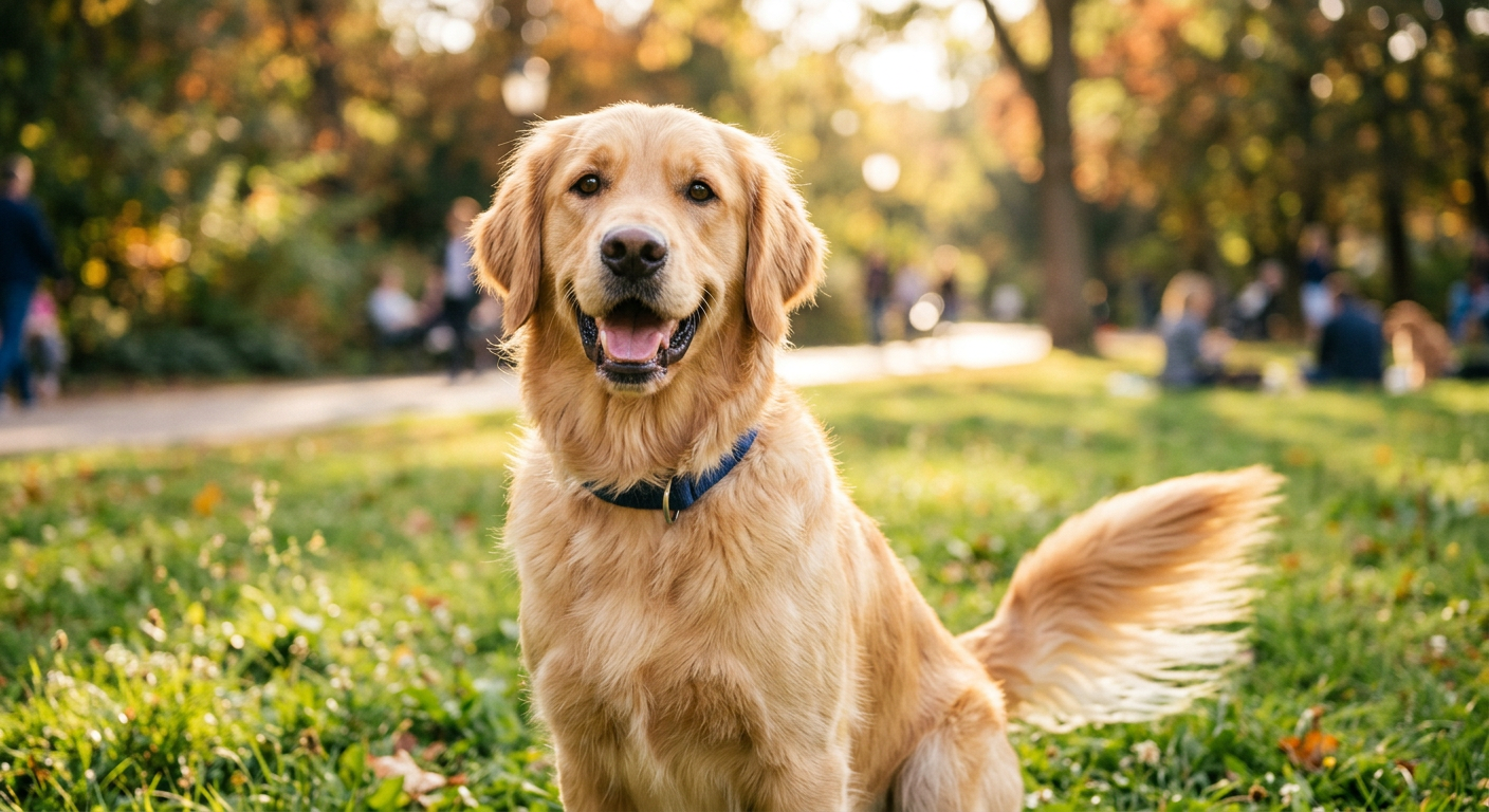 A happy Golden Retriever with a blurred, wagging tail and a joyful facial expression.