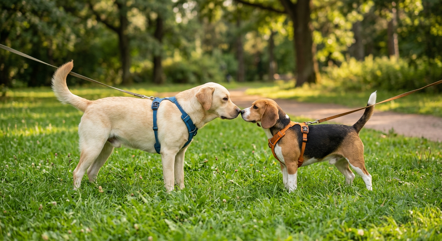 Two dogs of different breeds meeting in a park and sniffing each other with tails raised.