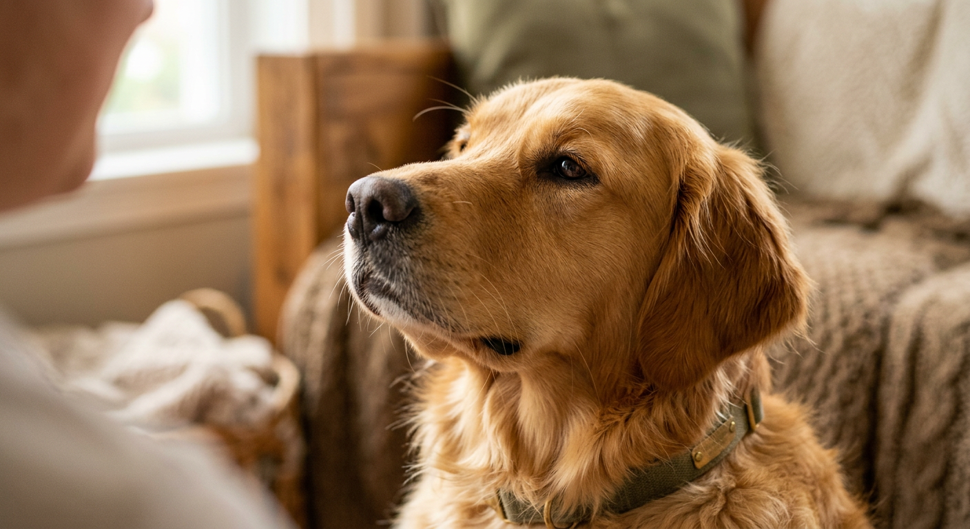 A close-up of a dog with soft, relaxed eyes looking lovingly at its owner.