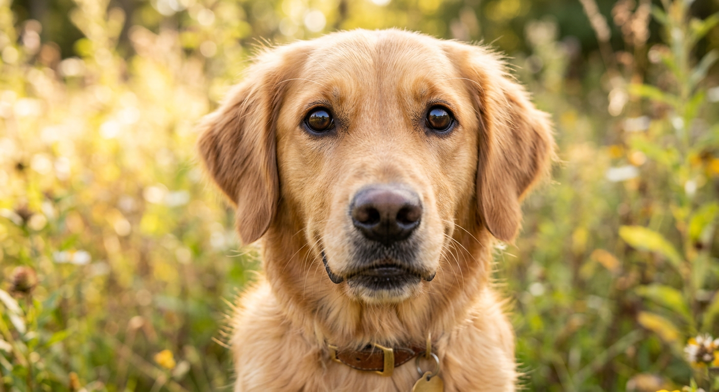 A dog with dilated pupils during a high-energy play session in a garden.