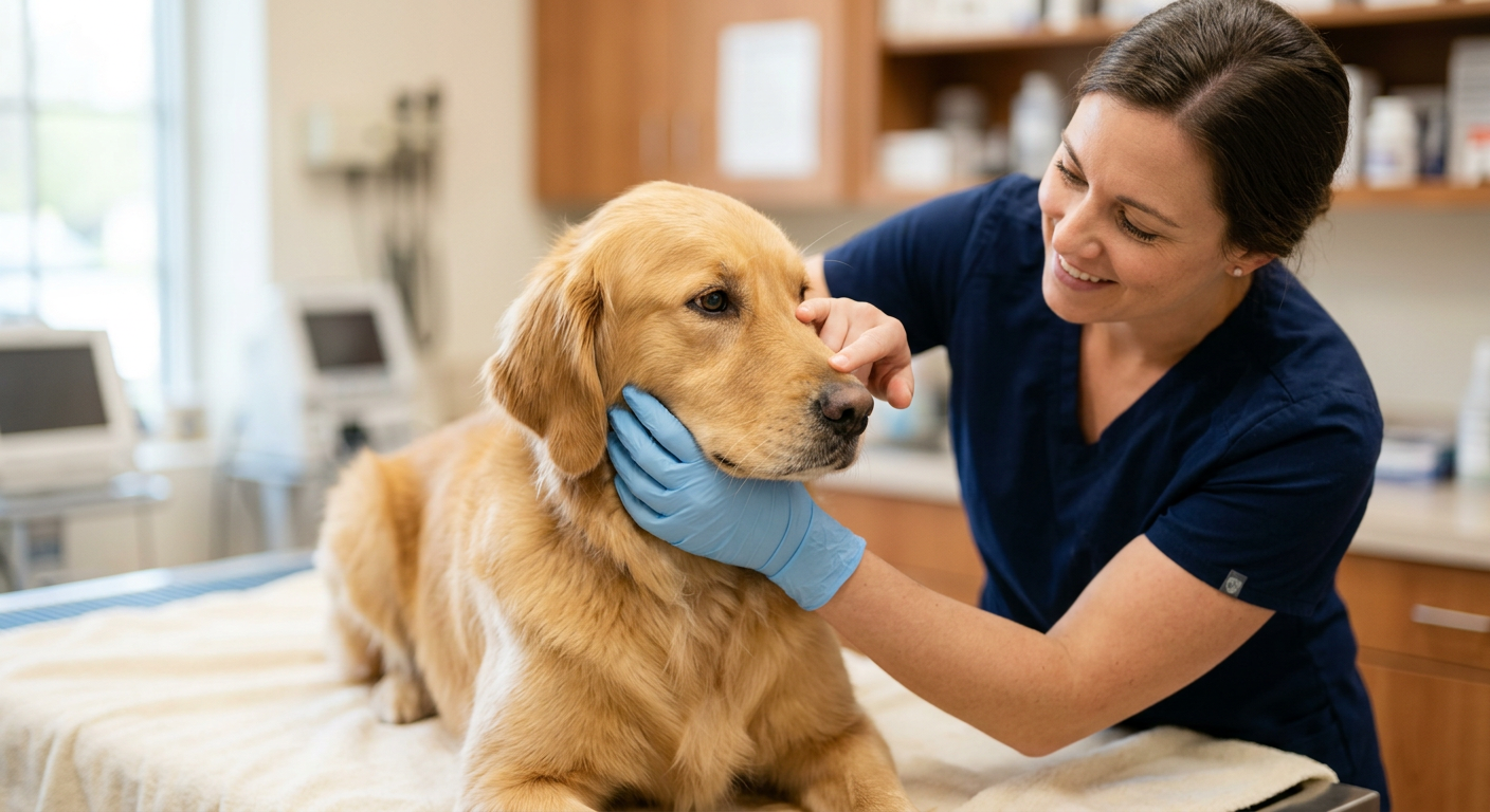 A veterinarian checking a dog's clear, healthy eyes during a routine wellness exam.