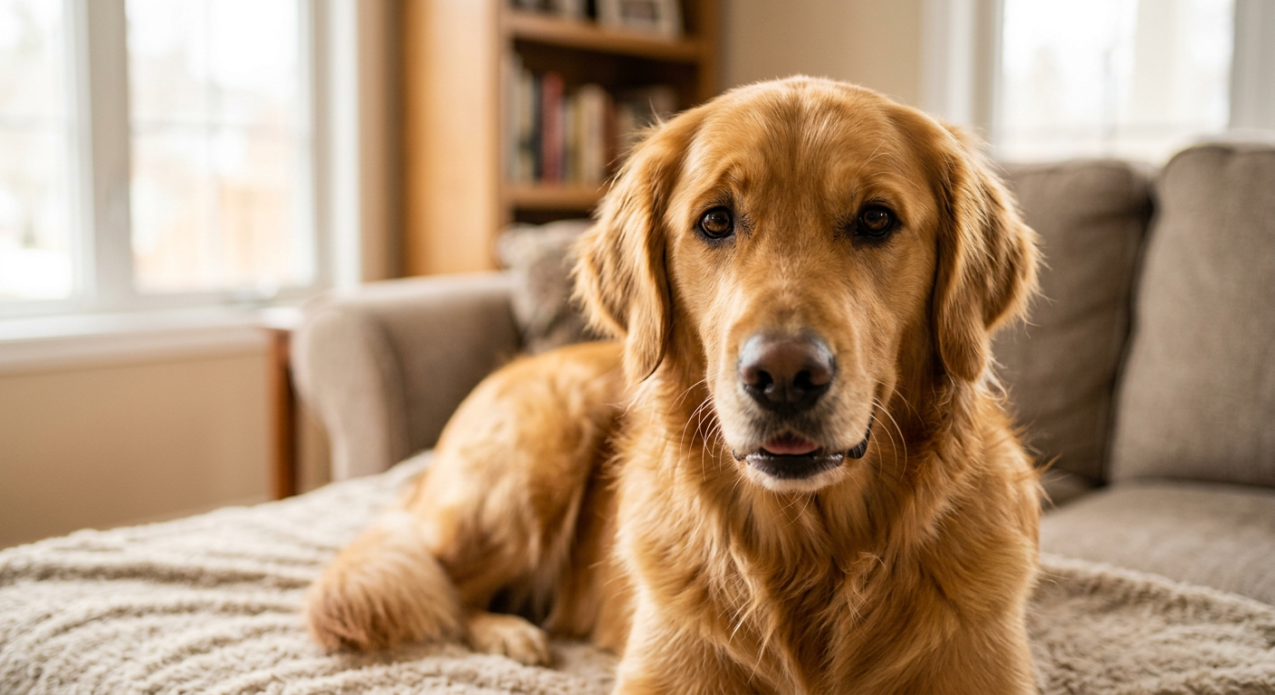 A golden retriever looking directly at the camera with a raised eyebrow and curious expression.