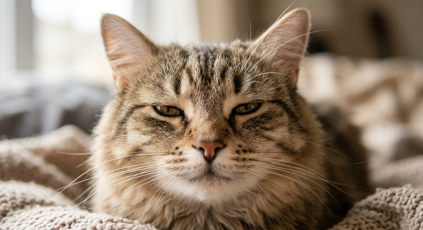 A domestic cat with half-closed eyes and relaxed whiskers showing contentment.
