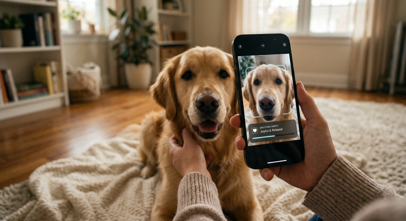 A person using a mobile app to analyze the facial expression of a small dog.