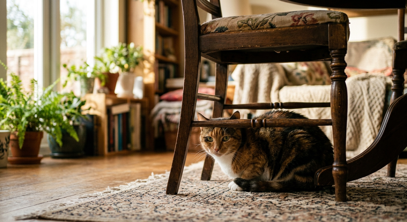 A calm Calico cat hiding under a wooden chair, looking out with slightly dilated pupils.
