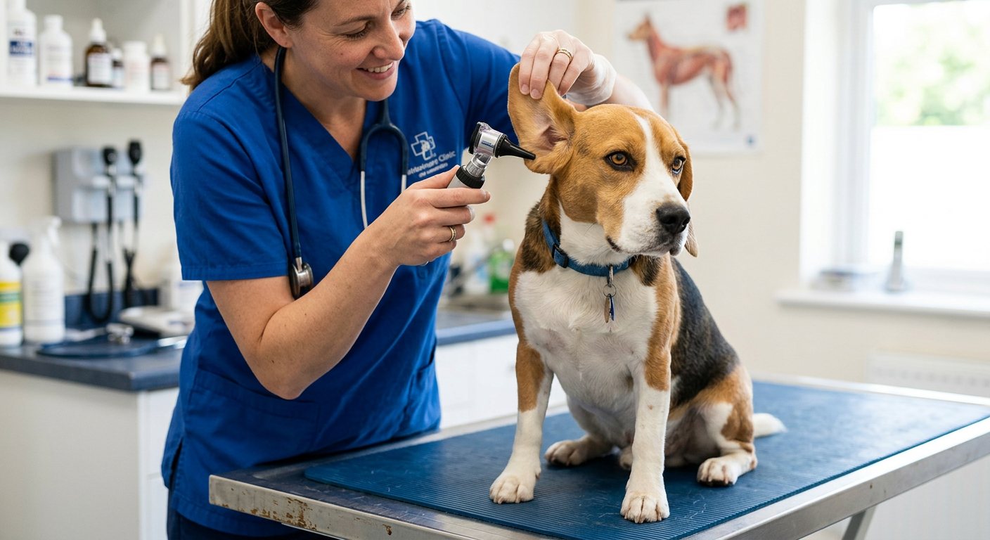 A veterinarian gently checking the ears of a Beagle on a silver examination table.