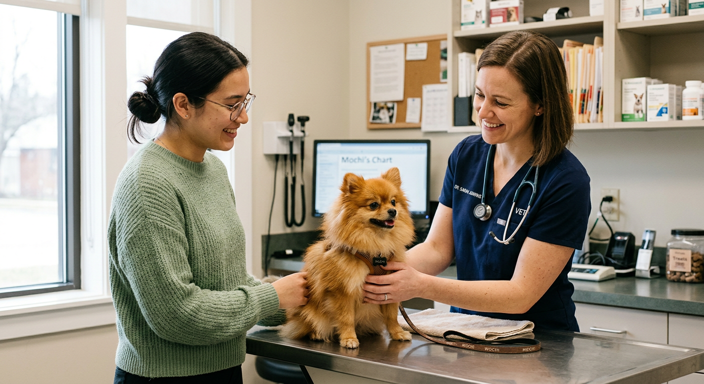A veterinarian smiling while talking to a pet owner holding a small Pomeranian in a clinic.