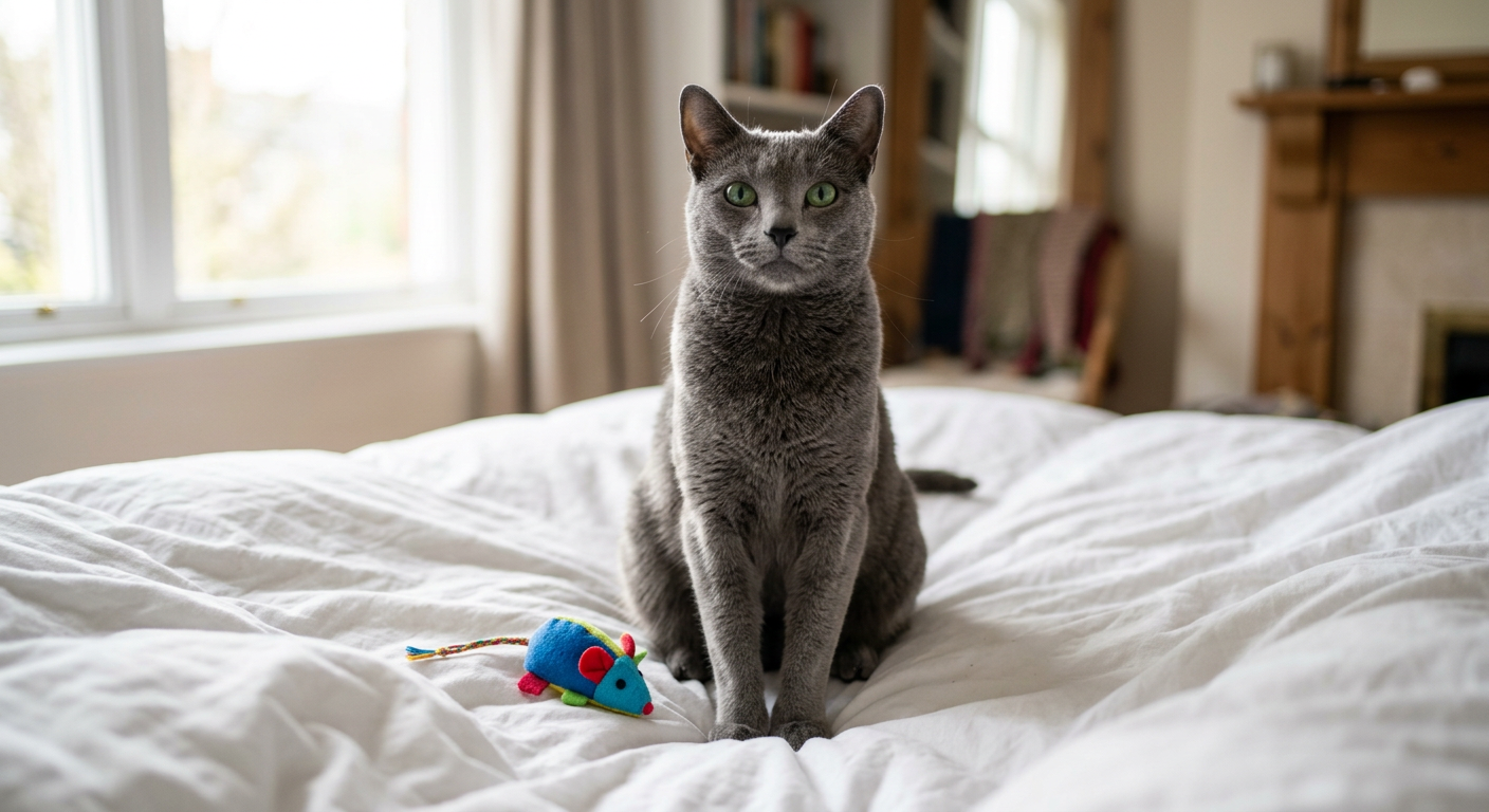 An elegant Russian Blue cat sitting proudly on a bed next to a plush toy mouse gift.