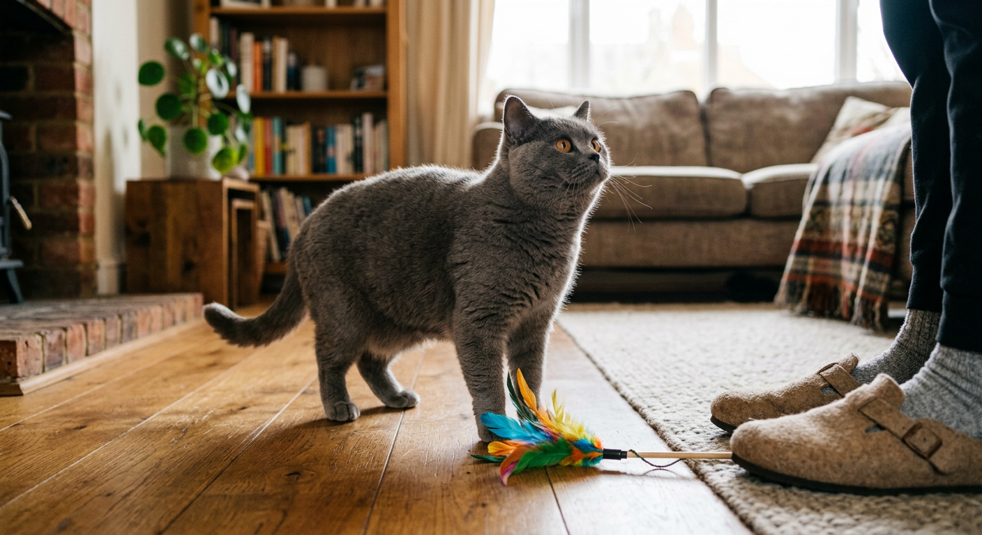 A tabby cat dropping a feather toy at wait feet of a person in a living room.